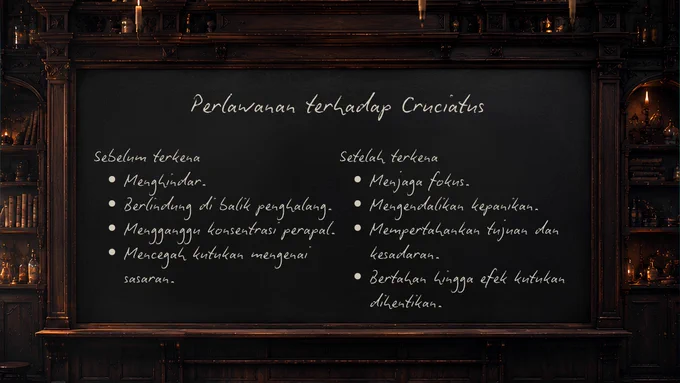Perlawanan terhadap Cruciatus

Sebelum terkena
- Menghindar.
- Berlindung di balik penghalang.
- Mengganggu konsentrasi perapal.
- Mencegah kutukan mengenai sasaran.


Setelah terkena
- Menjaga fokus.
- Mengendalikan kepanikan.
- Mempertahankan tujuan dan kesadaran.
- Bertahan hingga efek kutukan dihentikan.