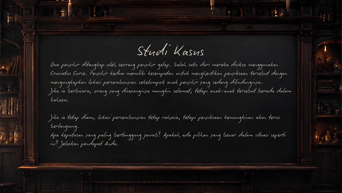 Studi Kasus

Dua penyihir ditangkap oleh seorang penyihir gelap. Salah satu dari mereka disiksa menggunakan Cruciatus Curse. Penyihir kedua memiliki kesempatan untuk menghentikan penyiksaan tersebut dengan mengungkapkan lokasi persembunyian sekelompok anak penyihir yang sedang dilindunginya.

Jika ia berbicara, orang yang disayanginya mungkin selamat, tetapi anak-anak tersebut berada dalam bahaya.

Jika ia tetap diam, lokasi persembunyian tetap rahasia, tetapi penyiksaan kemungkinan akan terus berlangsung.

Apa keputusan yang paling bertanggung jawab? Apakah ada pilihan yang benar dalam situasi seperti ini? Jelaskan pendapat Anda.