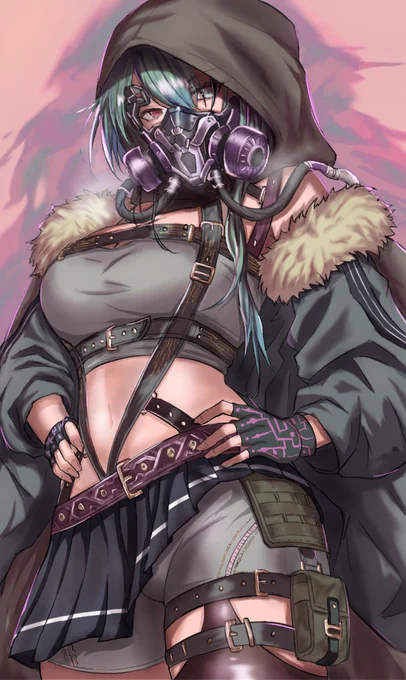 An original cyberpunk girl wearing a respirator mask and hood in a polluted world. Detailed anime illustration with techwear elements.