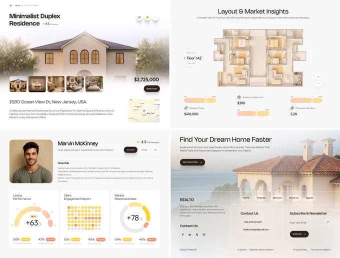 Modern real estate platform showcasing luxury property listings, interactive floor plans, market analytics, agent profiles, investment metrics, and property performance dashboards in a clean premium interface.