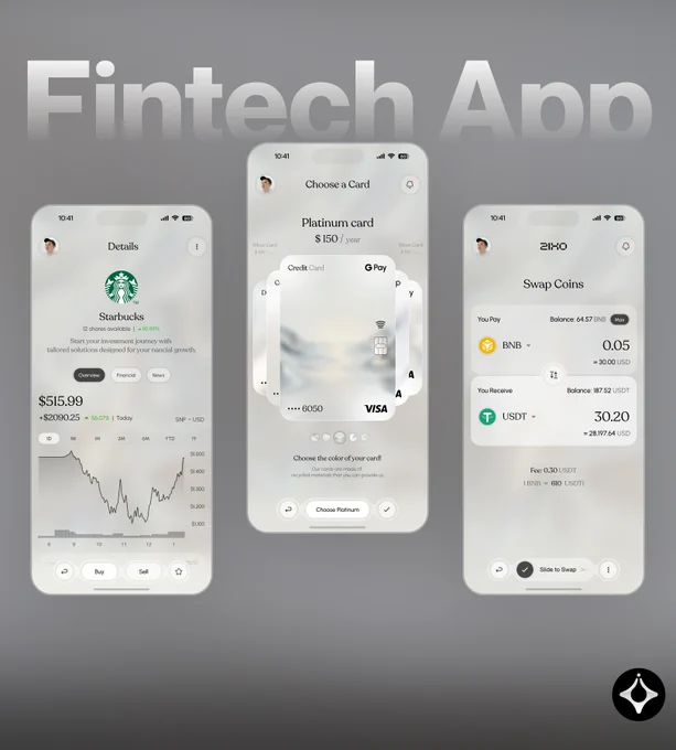 Minimal fintech mobile app concept featuring stock investment tracking, customizable payment cards, and cryptocurrency swap functionality with a clean white premium interface.