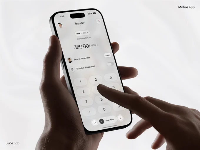 Minimal fintech mobile app concept showing a money transfer screen on a smartphone, featuring a clean white interface, payment scheduling, recipient selection, and streamlined transaction flow.