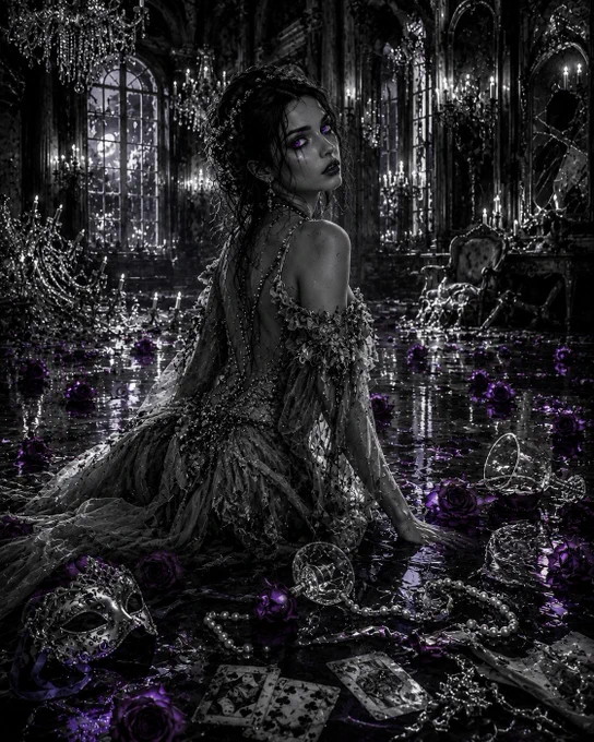 Reimagine Ophelia as a symbol of beauty in decline. Fading flowers, dark reflections, forgotten luxury, and poetic melancholy. Cinematic lighting, emotional atmosphere, ultra-detailed artwork.