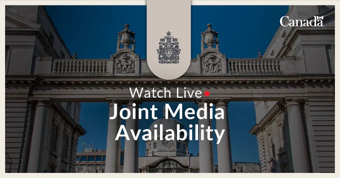 Front view of the Department of the Taoiseach, Government Buildings. Text: Watch live. Joint media availability. 