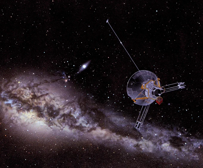 An illustration of the Pioneer 10 spacecraft traveling through space with a backdrop of the Milky Way galaxy, highlighting deep space exploration.