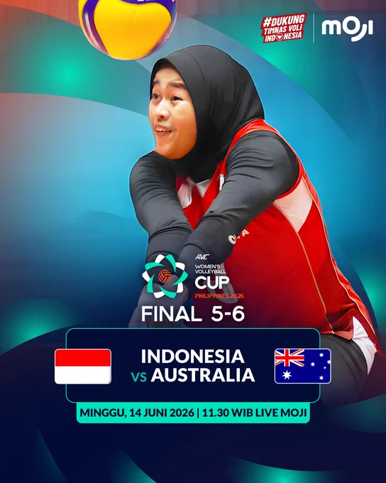 Promotional image for the AVC Women's Volleyball Cup 2026 match between Indonesia and Australia. The image captures a player in action against a colorful background.
