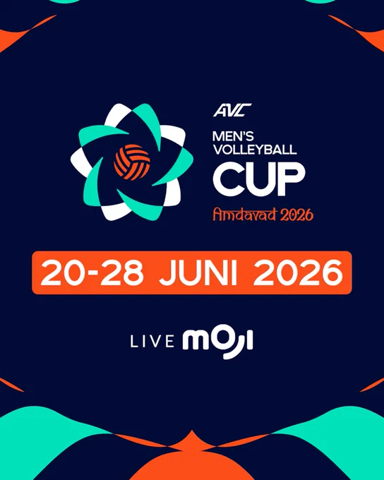Promotional graphic for the AVC Men's Volleyball Cup in Ahmedabad, 2026. The design features vibrant teal and orange tones with the event dates prominently displayed.