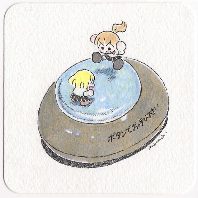 角丸1:1の紙に描かれた絵。店員さんを呼ぶボタンの上でジャンプしてる・しようとしている女の子ふたりが描かれている。