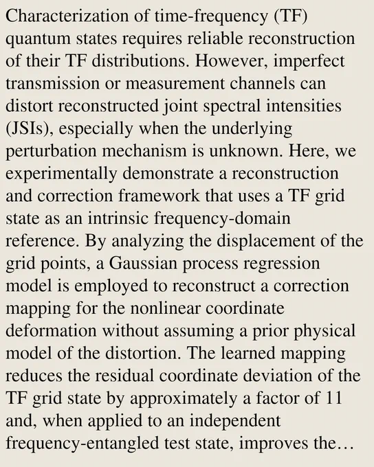 Characterization of time-frequency (TF) quantum states requires reliable reconstruction of their TF distributions. However, imperfect transmission or measurement channels can distort reconstructed joint spectral intensities (JSIs), especially when the underlying perturbation mechanism is unknown. Here, we experimentally demonstrate a reconstruction and correction framework that uses a TF grid state as an intrinsic frequency-domain reference. By analyzing the displacement of the grid points, a Gaussian process regression model is employed to reconstruct a correction mapping for the nonlinear coordinate deformation without assuming a prior physical model of the distortion. The learned mapping reduces the residual coordinate deviation of the TF grid state by approximately a factor of 11 and, when applied to an independent frequency-entangled test state, improves the Gaussian-shape fidelity from 76.2% to 90.0%. These results establish TF grid states as practical metrological resources for 