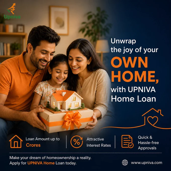 Happy family holding dream home model with Upniva loan support.