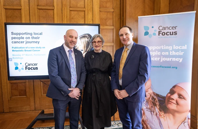 Three people pictured at Cancer Focus NI's secondary breast cancer audit