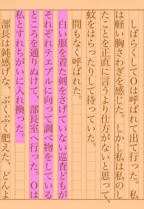 　白い服を着た剣をさげていない巡査どもがそれぞれテエブルに向って調べ物をしているところを通りぬけて、部長室へ行った。Ｏは私とすれちがいに入れ換った。