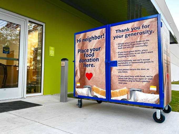 Blue donation bins for after hours and weekend nonperishable donations, Feed More Kroger Donation Center (8020 Villa Park Drive, Richmond, VA 23228)