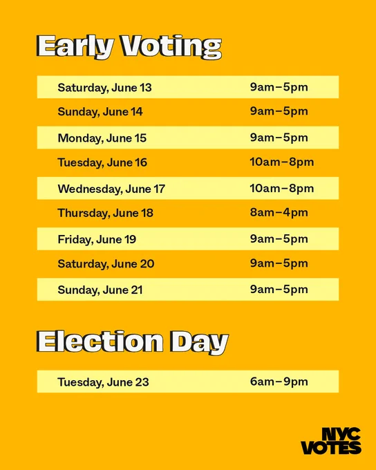 Early Voting poll site hours are  

Saturday, June 13 9AM to 5PM  

Sunday, June 14 9AM to 5PM  

Monday, June 15 9AM to 5PM  

Tuesday, June 16 10AM to 8PM  

Wednesday, June 17 10am to 8PM 

Thursday, June 18 8AM to 4PM 

Friday, June 19 9AM to 5PM 

Saturday, June 20 9AM to 5PM 

Sunday, June 21 9AM to 5PM 

Election Day poll site hours are  

Tuesday, June 23 6AM - 9PM 