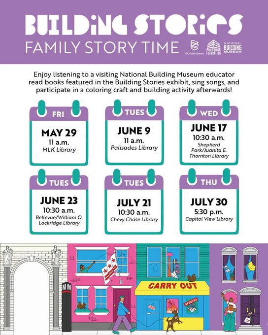 Poster for "Building Stories: Family Story Time" with dates and locations. Events are at libraries: MLK Library on May 29, Palisades Library on June 9, Shepherd Park/Juanita E. Thornton Library on June 17, Bellevue/William O. Lockridge Library on June 23, Chevy Chase Library on July 21, and Capitol View Library on July 30. Features colorful illustrations of buildings and children playing. Hosted by the National Building Museum.