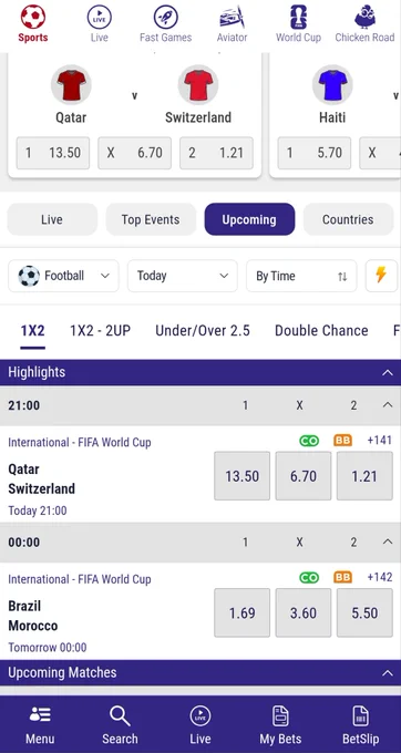 A screenshot displays upcoming FIFA World Cup matches with betting odds. Matches include Qatar vs. Switzerland and Brazil vs. Morocco, with odds shown for win, draw, and loss.