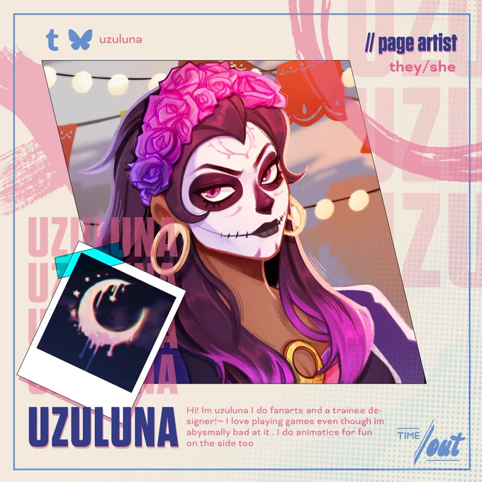 An artist preview of Reyna from VALORANT by Riot Games.
The introduction reads as follows: Uzuluna (they/she), page artist with the following bio: "Hi! Im uzuluna I do fanarts and a trainee designer!~ I love playing games even though im abysmally bad at it . I do animatics for fun on the side too"