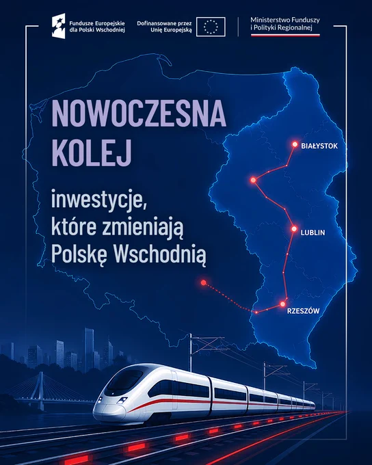 Grafika z mapą Polski i pociągiem. 
Tekst: Nowoczesna kolej
Inweerstycje, które zmieniają Polskę Wschodnią 