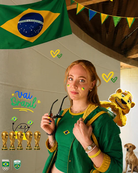 A young woman wearing Brazil-themed clothing and accessories stands in front of a Brazilian flag, surrounded by World Cup trophies and images.