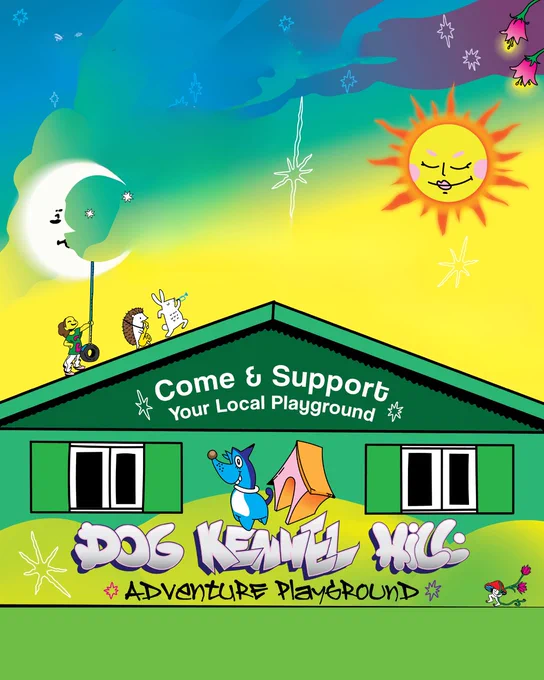 Illustration of Dog Kennel Hill Adventure Playground with cartoon animals and a cheerful sun and moon.