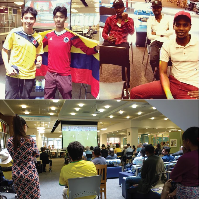 A collage of photos from a soccer watch party at the library. The top images show attendees posing in team jerseys and cheering from their seats, while the bottom image shows a crowd of people of different ages watching a soccer match projected onto a large screen in the Library Commons.
