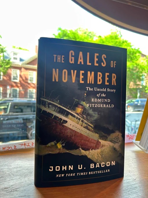 The dad book of the year stands alone in front of the window of Harvard Book Store. That book is "The Gales of November: The Untold Story of the Edmund Fitzgerald" by John U. Bacon