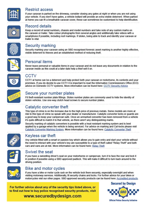 Graphic detailing caravan and motorhome security tips, including access restriction, record keeping, marking, CCTV, and theft prevention.