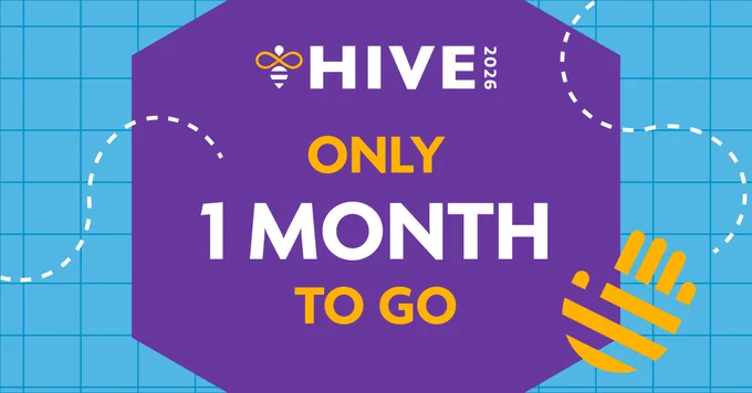 Countdown graphic on a light blue grid background with white dashed curved lines in the corners. A large purple hexagon in the center displays the HIVE 2026 logo with a bee icon at the top, followed by the text 'Only 1 Month to Go' in bold white and gold lettering. A gold abstract hand icon appears in the lower right corner of the hexagon.