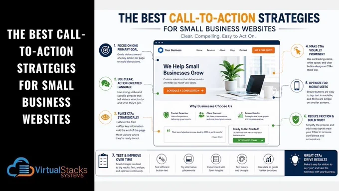 Infographic depicting various CTA strategies; Virtual Stacks Systems logo.