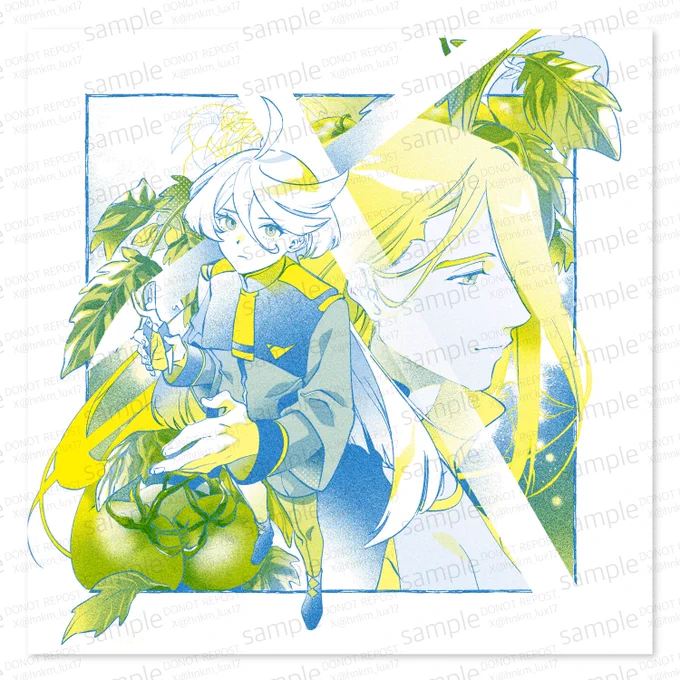 水色と黄色の二色で描かれたミオリネとシャディク