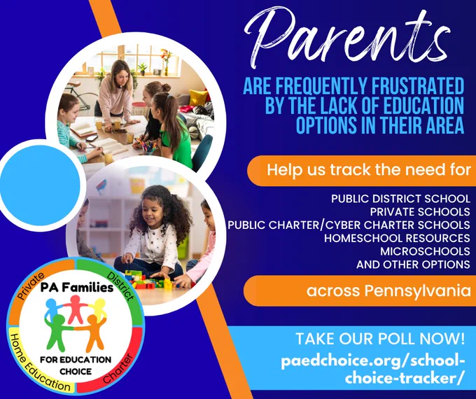 Graphic promoting a poll for education options in Pennsylvania, featuring images of children learning in a bright and engaging setting.
