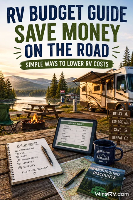 RV campsite with a budget planner, travel map, and RV parked beside a scenic campground.