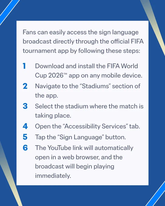 Fans can easily access the sign language broadcast directly through the official FIFA tournament app by following these steps: Download and install the app. Navigate to "Stadiums" section. Select the stadium of the match. Open the "Accessibility Services" tab. Tap the "Sign Language" button. The YouTube link automatically opens in a web browser and plays immediately.
