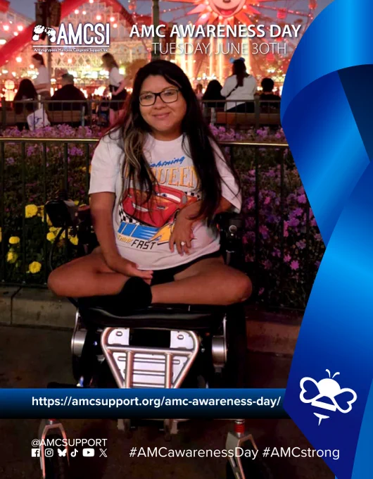 The AMCSI logo is small, white, in the upper-left corner & the background is a dark blue-to-blue circular gradient. It says ‘AMC AWARENESS DAY TUESDAY, JUNE 30TH’ in white, big lettering next to the AMCSI logo, with a photo of Sara, who is 30 years old, a mom to a perfect 11-year-old boy, a fiancé, a travel agent, a full-time auditor for a furniture store & a lover of all things Disney & travel, with a large blue ribbon on the right with the white bumblebee on the bottom left corner of it. Near the bottom is a blue-to-dark-blue gradient bar that runs behind the ribbon on the right & all the entire width, with the AMC Awareness Day AMCSI website link "https://amcsupport.org/amc-awareness-day/" in bold white lettering across it. At the bottom right are the logos of Facebook, Instagram, BlueSky, TikTok, YouTube, and X. The text "@AMCSUPPORT" is located above them, on the bottom left, and the hashtags “#AMCawareness” & “#AMCstrong” are displayed on the bottom right, all in white.
