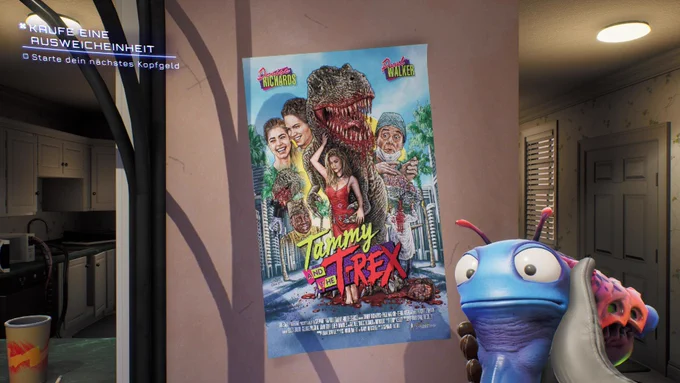 High on Life Ingame Screenshot. An einer Wand in einem normalen Haus hängt ein Filmposter von Tammy and the T Rex mit Denise Richards. Rechts unten hält der Spieler die blaue Waffe Kenny.