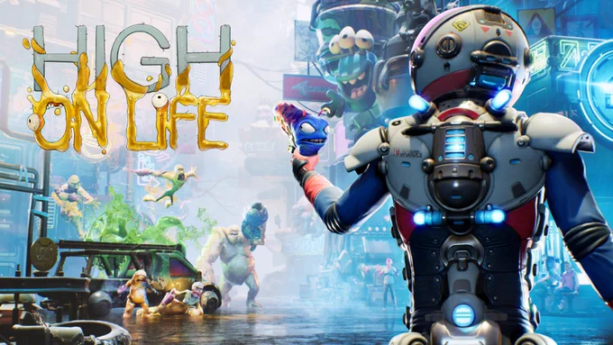 Screenshot des High on Life Artworks. Ein Kopfgeldjäger blickt mit der sprechenden Waffe Kenny auf eine abgedrehte Alien Stadt voller neonfarbener Schilder und Monster. Das schleimige gelbe High on Life Logo ist prominent im Bild platziert.