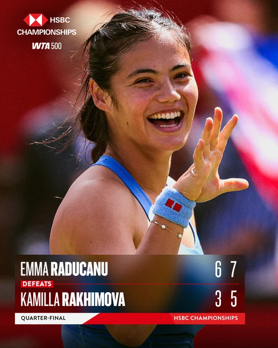 Graphic showing Raducanu beat Rakhimova 6-3, 7-5 