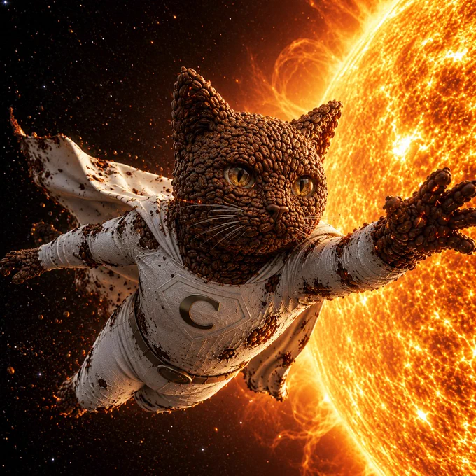 A cat made of coffee beans is flying straight toward the Sun, hoping to cool it down and make summer easier for everyone on Earth. The closer he gets, the more his body melts away, coffee beans burning, his white suit scorched by the intense heat.
He knows he can't stop the Sun. But below him, heatwaves, wildfires, droughts, and rising sea levels remind us that climate change is a challenge we can't ignore.
So even as he falls apart, Coffee Cat keeps flying, because some missions are worth the sacrifice