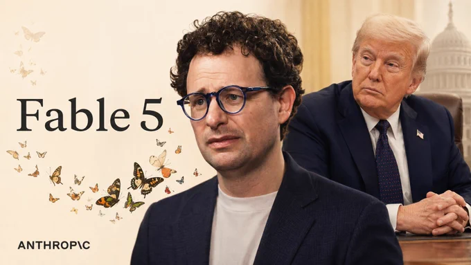 Composición editorial con el texto “Fable 5” y el logo de Anthropic sobre fondo crema, acompañados de mariposas. En primer plano aparece Dario Amodei, CEO de Anthropic, con gafas azules y gesto preocupado, mientras detrás se ve a Donald Trump con traje oscuro en actitud seria, como si acabara de darle al botón de “cancelar modelo” sin leer el changelog.