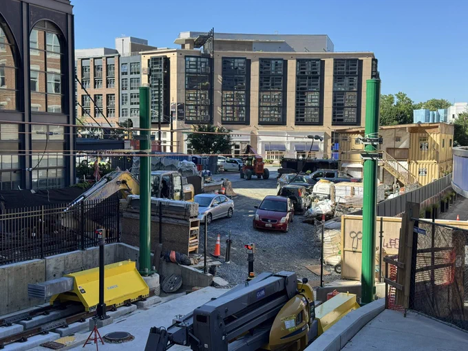 View of the end of Bethesda Purple Line station facing Woodmont Ave and Bethesda row.