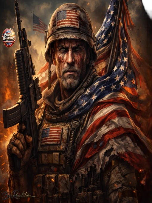 a battle‑hardened American patriot forged with grit, intensity, and the right cinematic weight to sit beneath your Patriot Warriors