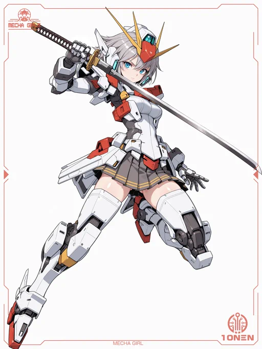 メカ娘を描いたAIイラスト。白に近い銀髪と青い目の少女が、白・赤・黒を基調にした人型メカ装甲をまとい、刀を構えたポーズで描かれている。頭には赤い額当てと金色のV字アンテナが付いたガンダム風のヘルメットを装着し、顔の両側には水色に発光するパーツが見える。上半身は白い装甲と黒い内部フレームで構成され、腰には赤い装甲とグレーのプリーツスカートが付いている。右手で日本刀の柄を握り、刃は胸の前を斜めに横切って伸びている。左手は指先が露出した機械の手になっており、脚部も膝から足先まで白い装甲のメカ脚になっている。背景は薄いグレーの無地で、人物の全身と武器が際立つ構図。
てんねん@munou_ac