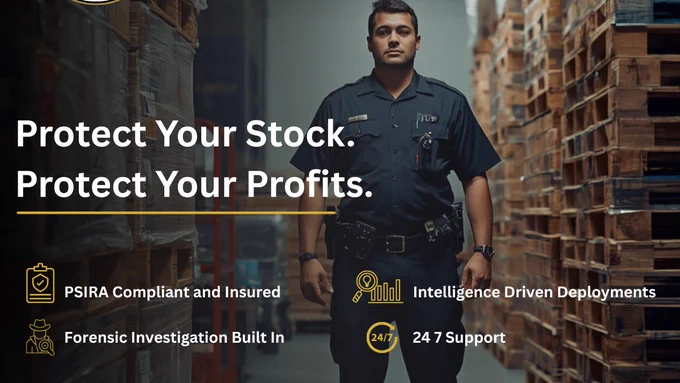 An IPS warehouse security guard stands between high-stacked wooden cargo pallets.