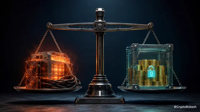 Proof of Work and Proof of Stake on a balance scale: one secures the chain by burning energy through mining hardware, the other by locking capital that gets destroyed for cheating. Neither is free to attack. They just price the attack differently.