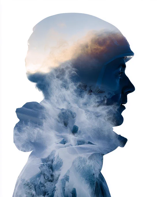 A Double Exposure Portrait where a mountain climber's silhouette contains a glacier landscape with drifting snow in motion. Time appears to flow through the figure, with frost white dawn transitioning to steel gray dusk, creating a temporal narrative within the human form --ar 4:5 --v 8.1