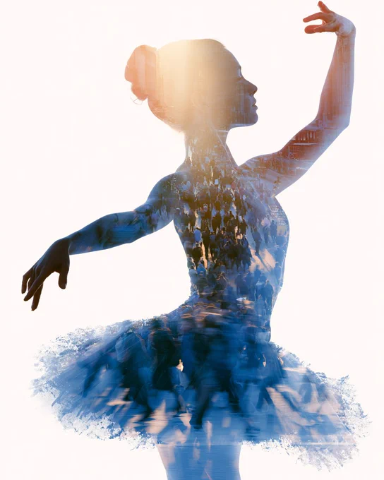 A Double Exposure Portrait where a ballerina's silhouette contains a city street bustling with morning commuters in motion. Time appears to flow through the figure, with golden dawn transitioning to indigo dusk, creating a temporal narrative within the human form --ar 4:5 --v 8.1