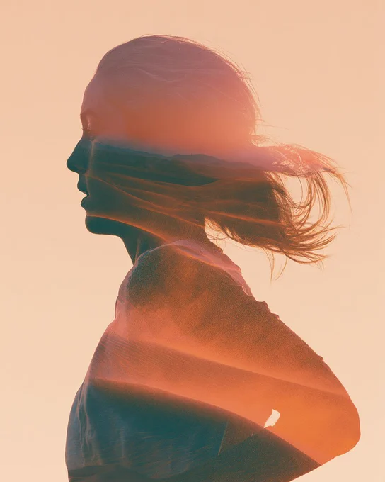 A Double Exposure Portrait where a female runner's silhouette contains a desert with shifting sand dunes in motion. Time appears to flow through the figure, with rose gold dawn transitioning to burnt orange dusk, creating a temporal narrative within the human form --ar 4:5 --v 8.1
