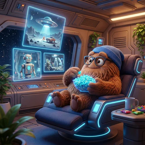 A hairy alien in a blue beanie and glasses watches classic earth sci-fi while eating popcorn on their starship.