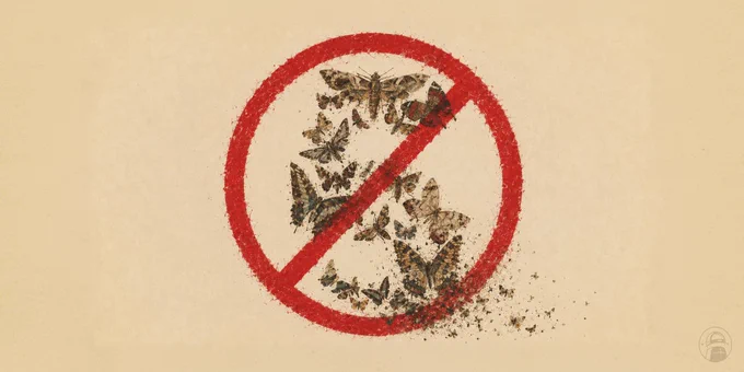 A red circle with a diagonal line crosses various butterflies, symbolizing prohibition or restriction against them.