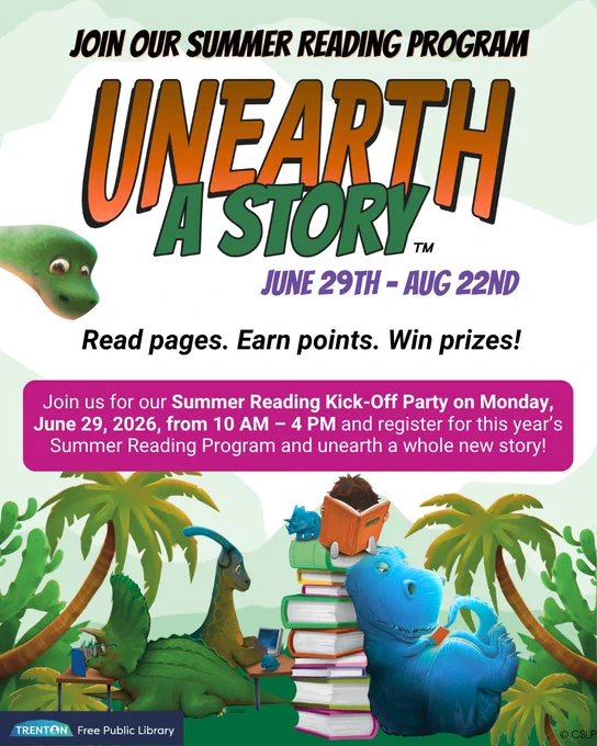 Colorful poster for the Summer Reading Program titled 'Unearth a Story' running June 29 to August 22 with dinosaur characters and book stacks.